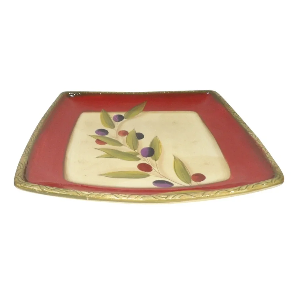 Clay Art Antique Olive Square Serving Platter Hand Painted Red StoneLite Ceramic